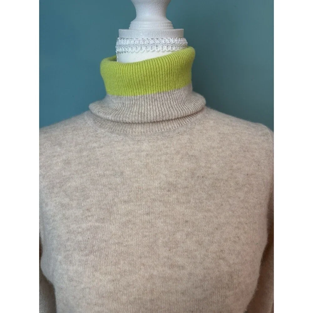 Brodie Cashmere 100% Cashmere Turtleneck Sweater Neon Lime Trim Beige Size S